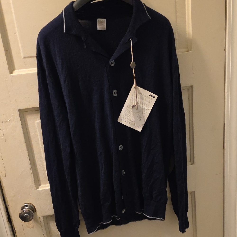 Eleventy Midnight Blue Silk Merino Wool Sweater Button Down Shirt NWT